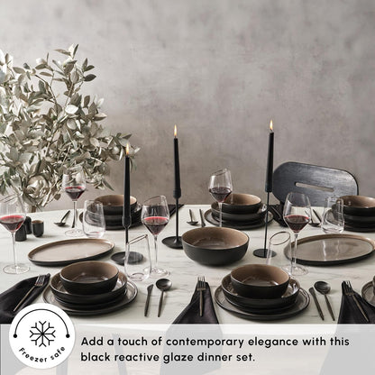 Karaca Mercure 59 Piece Stoneware Plates and Bowls Set, Reactive Glaze Black Dinner Set, Complete