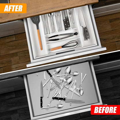 Bellsal Large Premium Bamboo Silverware Organizer - Expandable Utensil Drawer Organizer - 17"x19.6"
