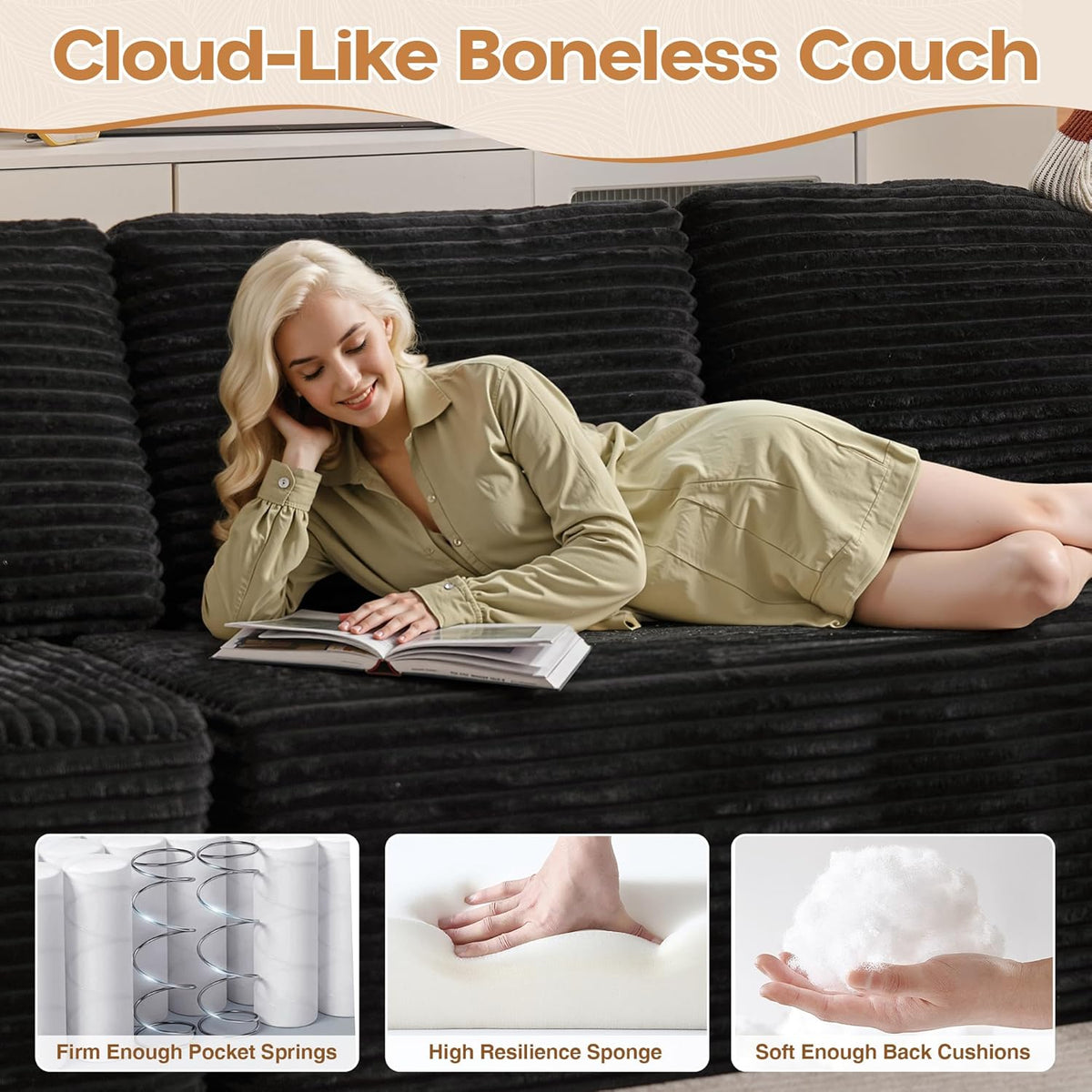 Cloud Sectional Couches for Living Room,U Shaped Modular Sofas No Assembly,133x68 Inches Plush