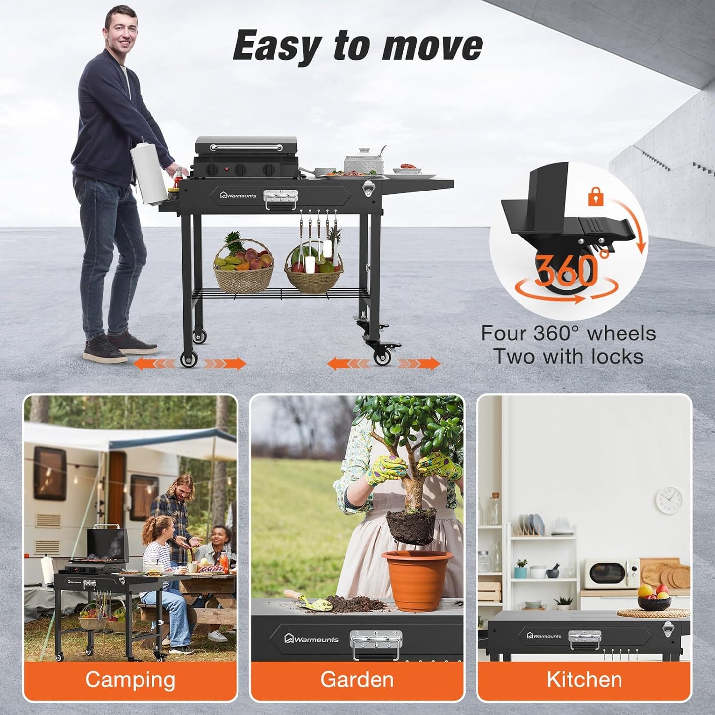 Grill Table for Outside, Portable Folding Grill Cart with Wheels and Adjustable Tabletop, 400 Lbs