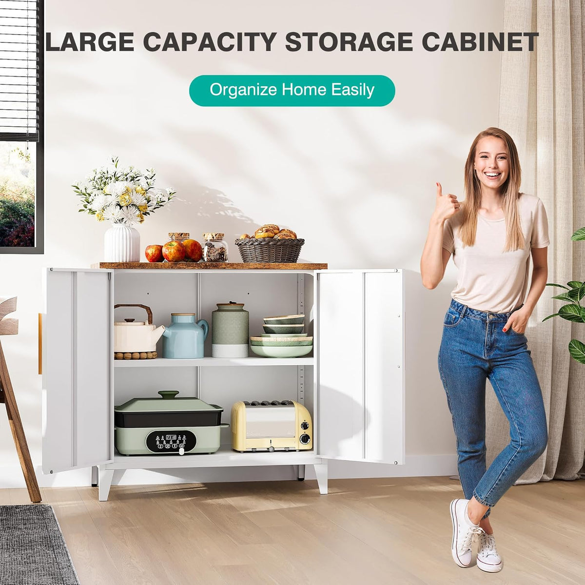 SISESOL White Storage Cabinet with Doors and Shelves,30 inch Small Pantry Cabinet Sideboard with