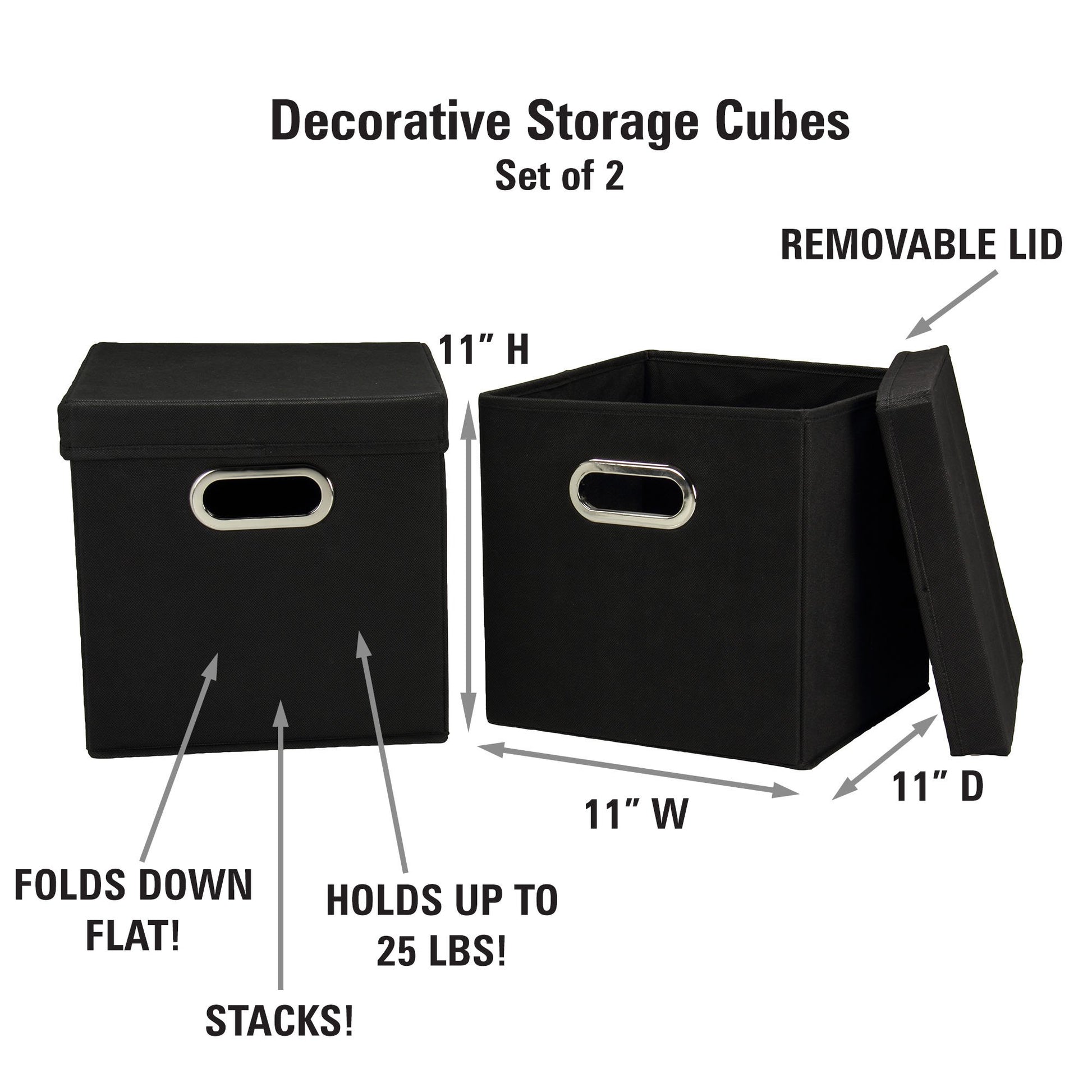 Household Essentials 34-1 Decorative Storage Cube Set with Removable Lids | Black | 2-Pack