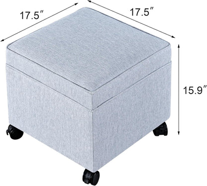 Adeco 17.5" Square Fabric Ottoman with Storage, Upholstered Cotton Linen Foot Rest, Flip Top