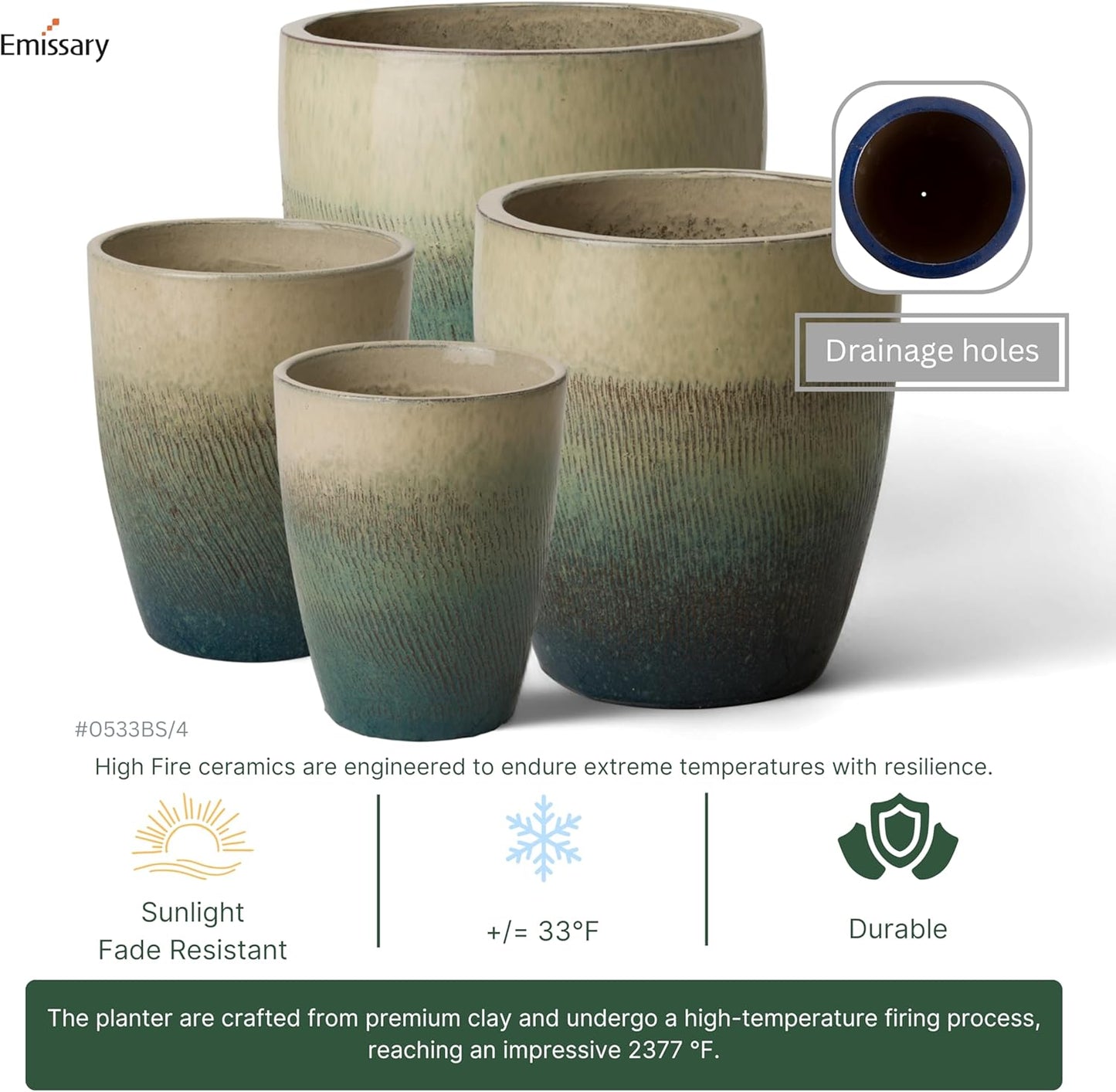 Emissary Bullet 9.5 in. Bayside Green Ceramic Round Planter (9.5 in. L x 9.5 in. W x 12 in. H) with