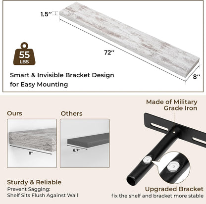 RICHFOCUS 72Inch Floating Shelves for Wall 2 Pack Shelves for Bedroom|Kitchen|Bathroom Wall Mounted