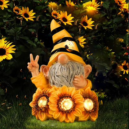 Garden Sculptures & Statues Resin Summer Bee Gnome with Sunflower, Outdoor Funny Decoration Solar