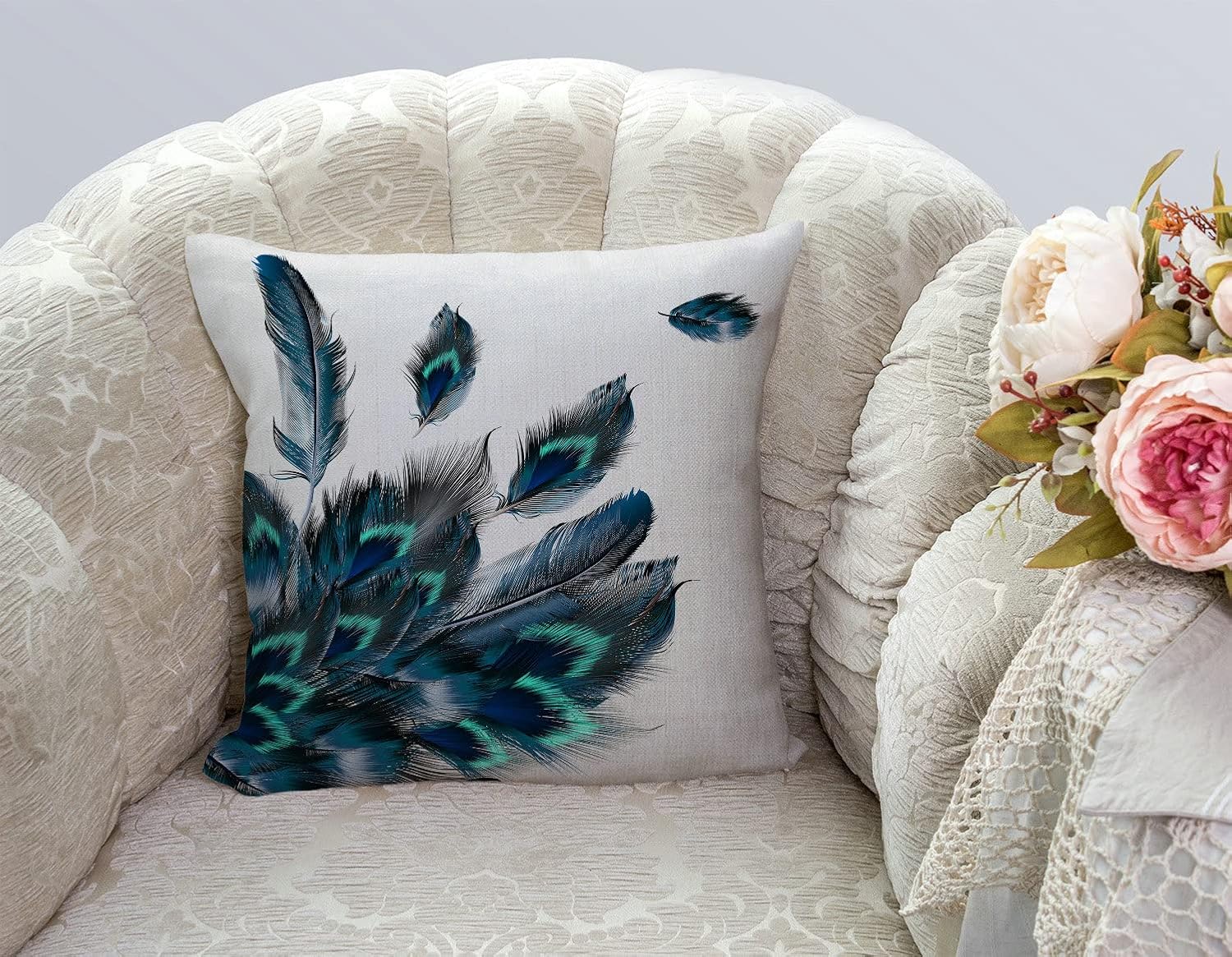 TSSOHU Peacock Feather Watercolor Throw Pillow Case Cushion Cover Couch Sofa Decorative Square