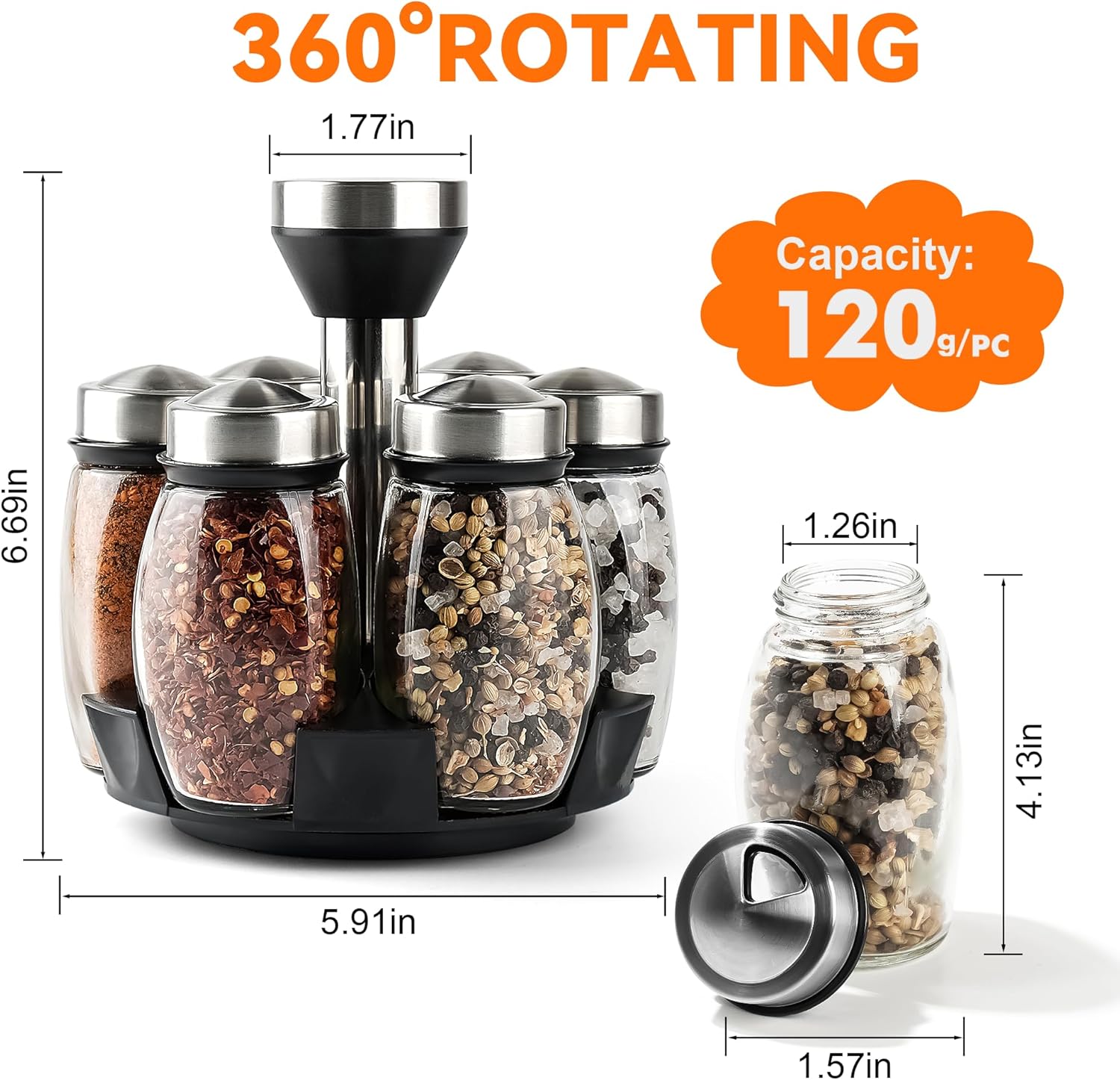 Mlici 6PC Spinning Glass Spice Jars - 360° Rotating Spice Rack Organizer with Jars, Stainless Steel
