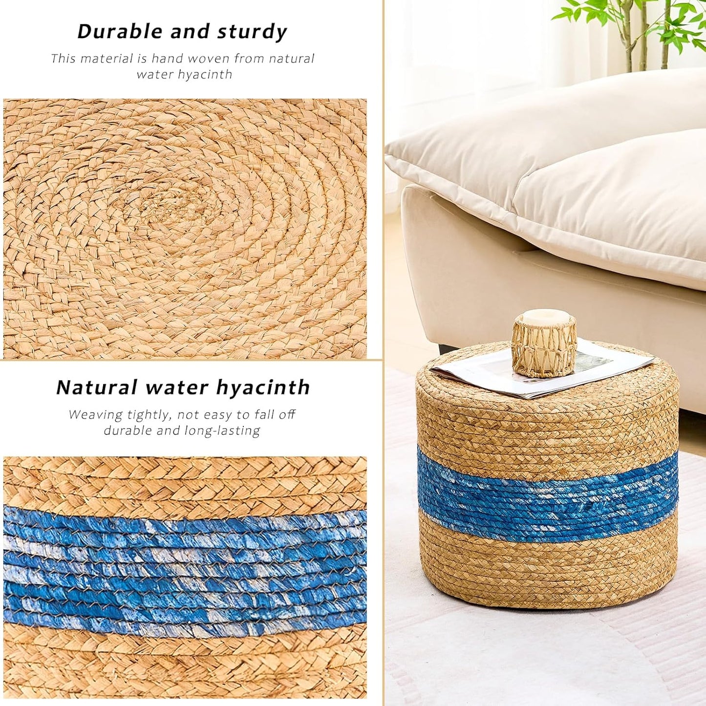 Handwoven Water Hyacinth Ottoman Pouf, Round Outdoor Footstool with Sturdy Frame, No Assembly