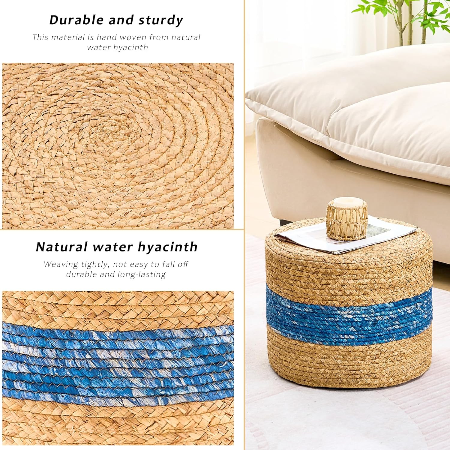 Handwoven Water Hyacinth Ottoman Pouf, Round Outdoor Footstool with Sturdy Frame, No Assembly