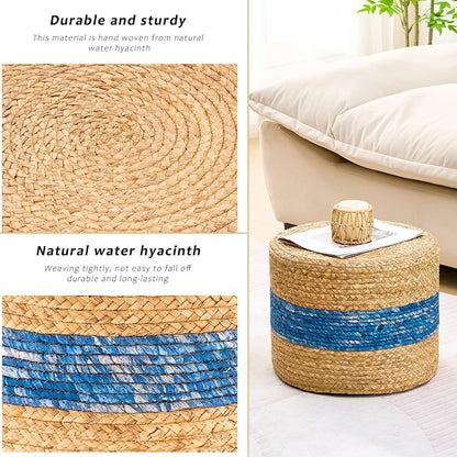 Handwoven Water Hyacinth Ottoman Pouf, Round Outdoor Footstool with Sturdy Frame, No Assembly