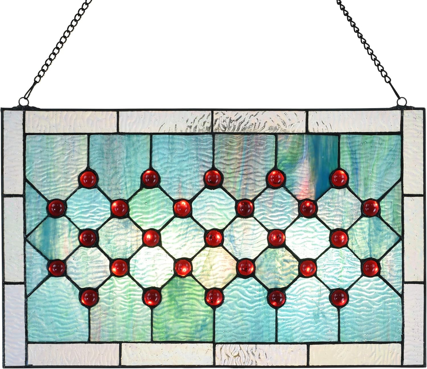 Tiffany Stained Glass 19.25" x 11.75" Window Panel, 100% Genuine Stained Glass and Cabochon