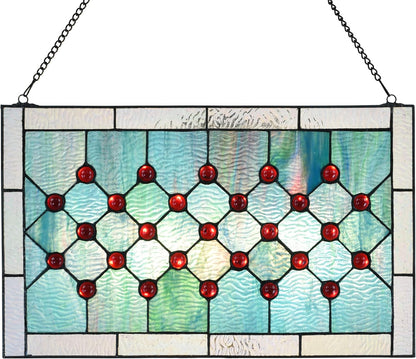 Tiffany Stained Glass 19.25" x 11.75" Window Panel, 100% Genuine Stained Glass and Cabochon