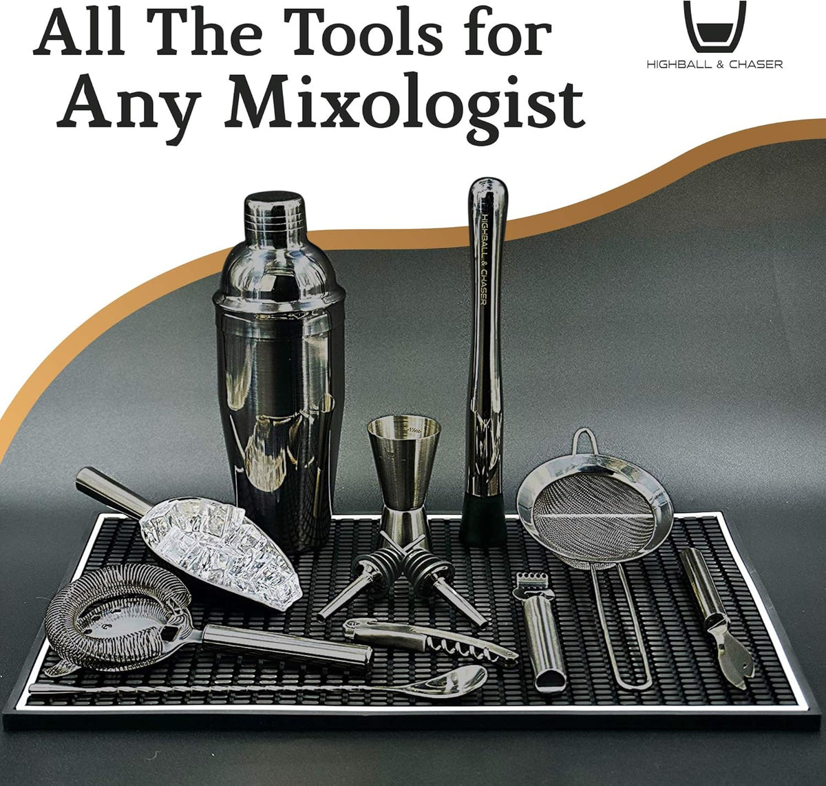 Highball & Chaser 13-Piece Cobbler Cocktail Shaker Set: Black Polished Stainless Steel Bartender