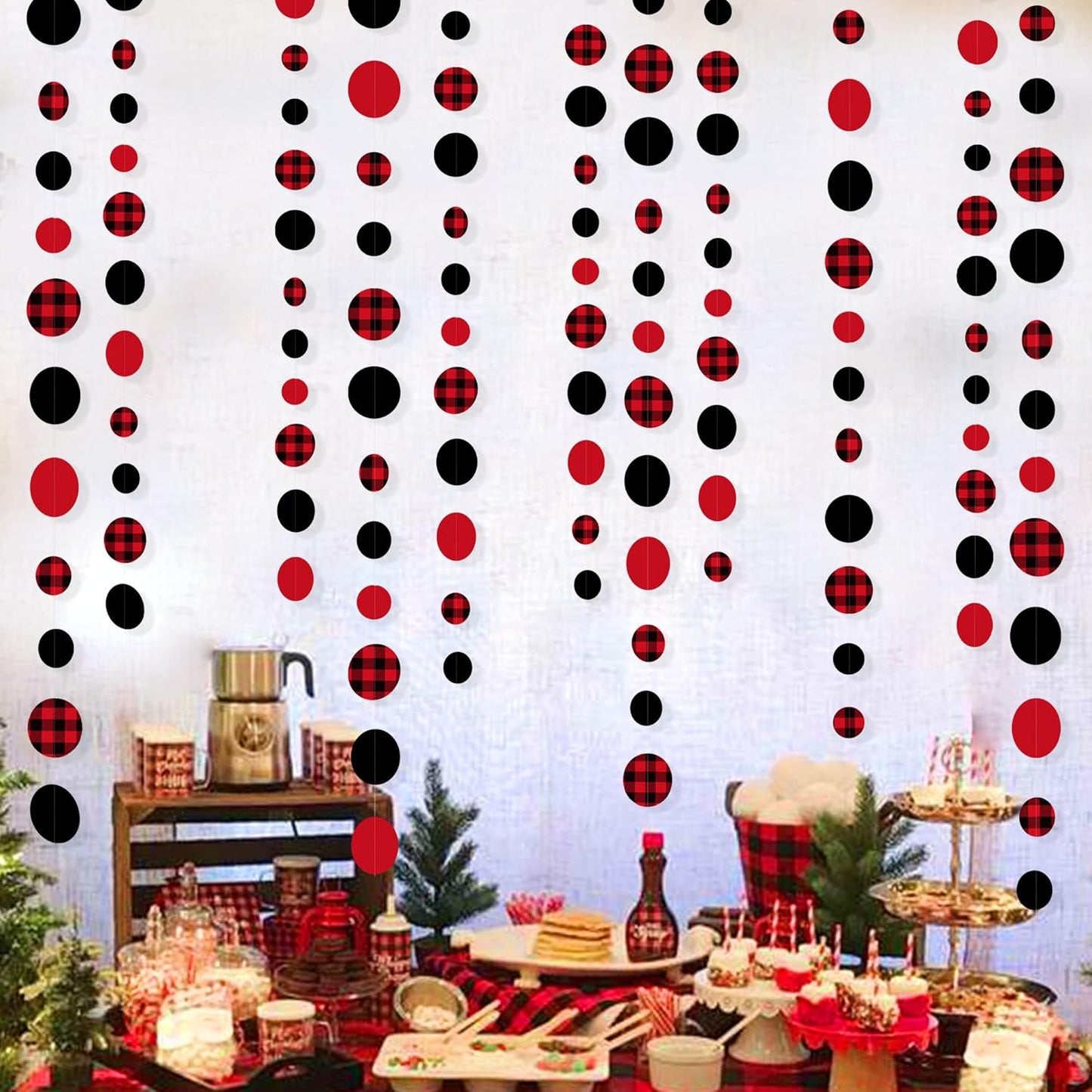 46Ft Buffalo Plaid Polka Dot Garlands Black Red Checkered Paper Circle Dot Streamer Banner for Baby