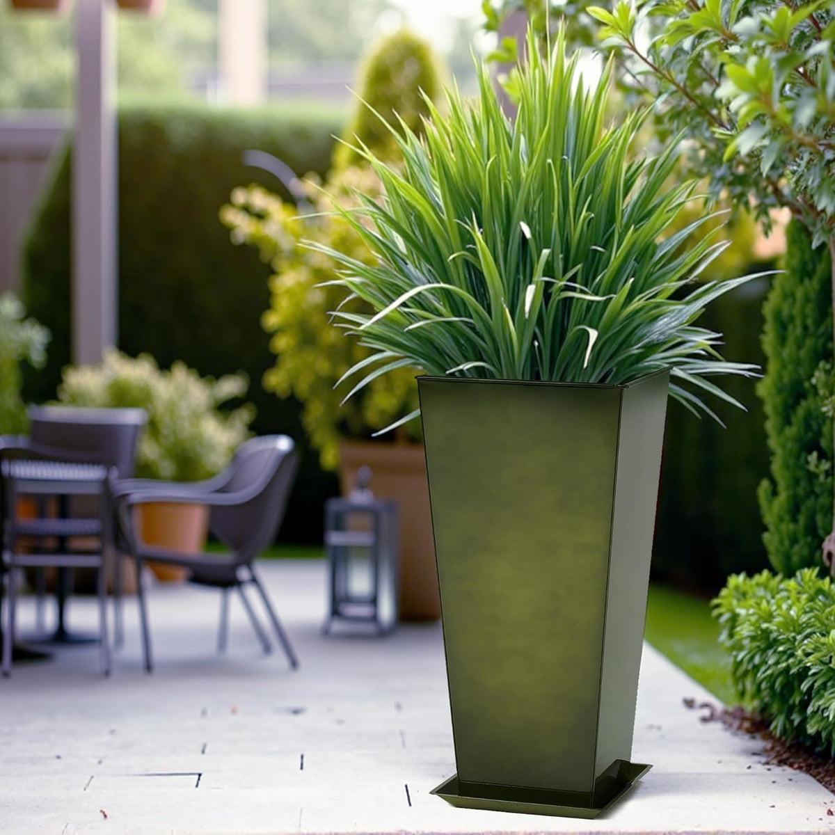 WORTH Garden 28" Large Metal Glazed Planter Set of 2, Luxurious Glossy Finish Green Tall Square