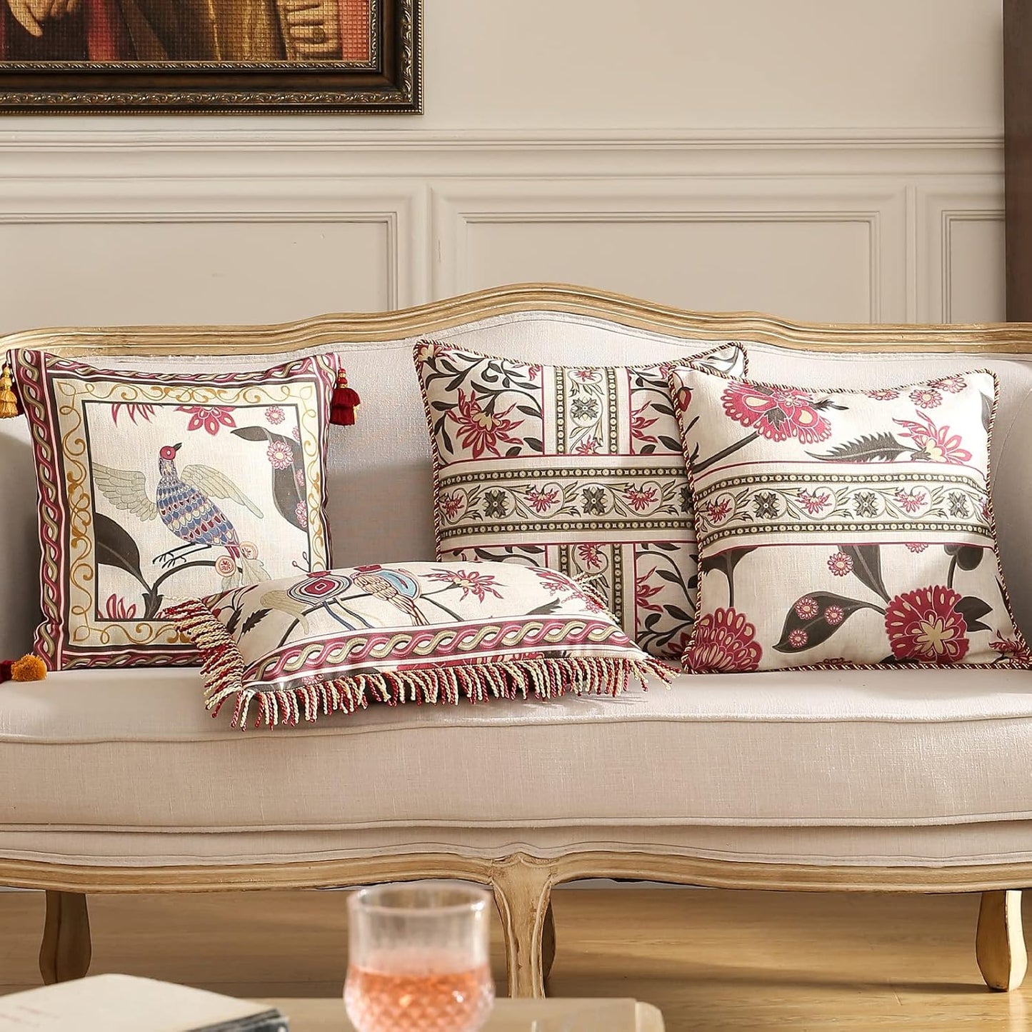 patdrea Designer Throw Pillow Covers Set of 4,Vintage Red Linen Pillowcases with Flower and Birds