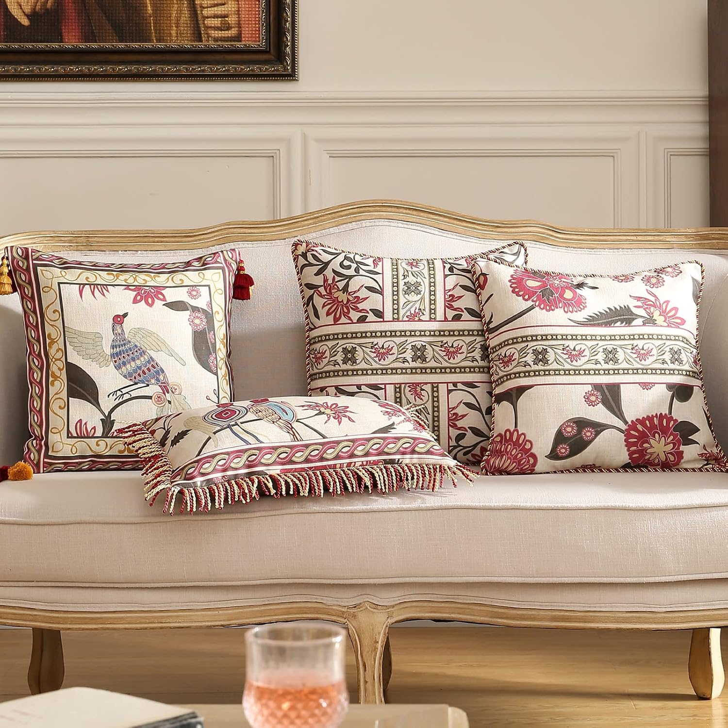 patdrea Designer Throw Pillow Covers Set of 4,Vintage Red Linen Pillowcases with Flower and Birds