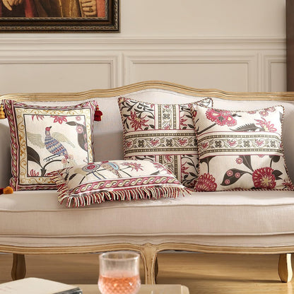 patdrea Designer Throw Pillow Covers Set of 4,Vintage Red Linen Pillowcases with Flower and Birds