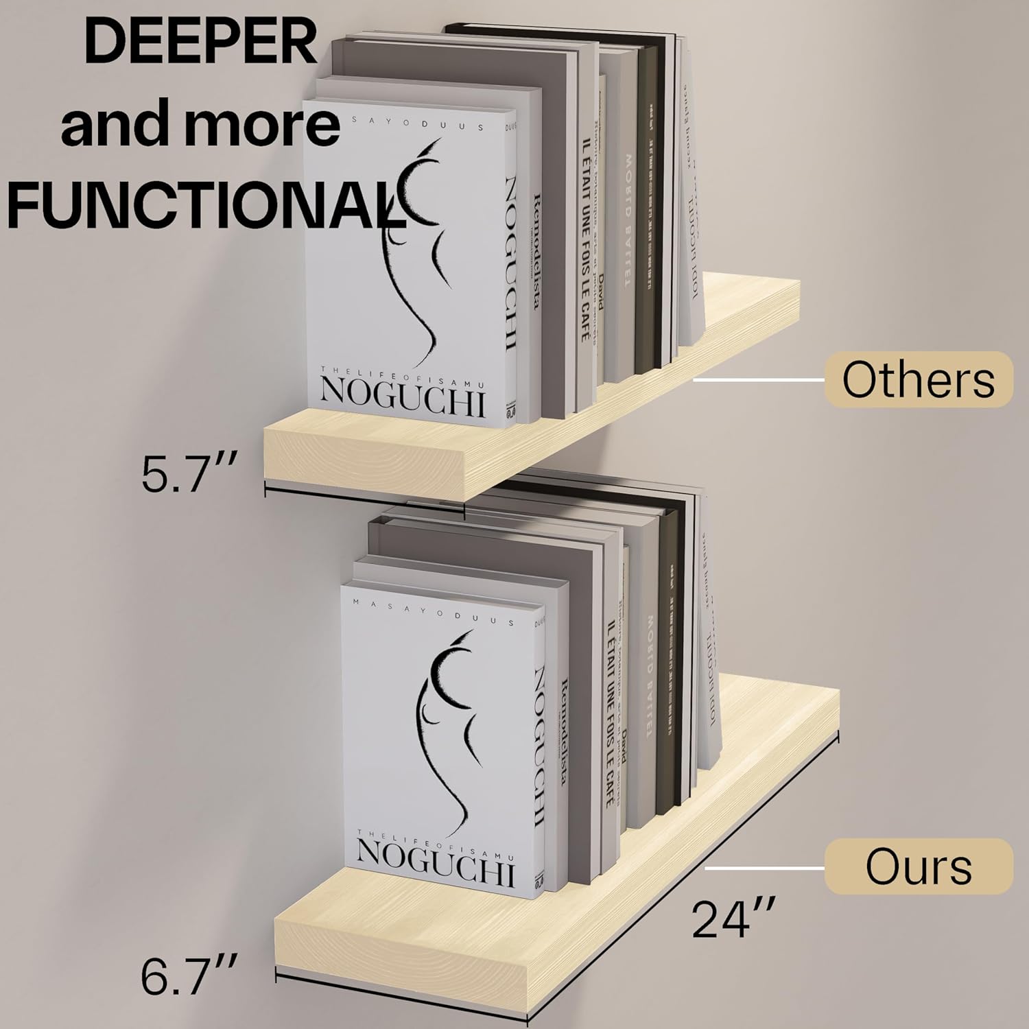 BGMG Wood Floating Shelves 24 inch, Wide Rustic Wooden Wall Shelves for Bathroom Living Room