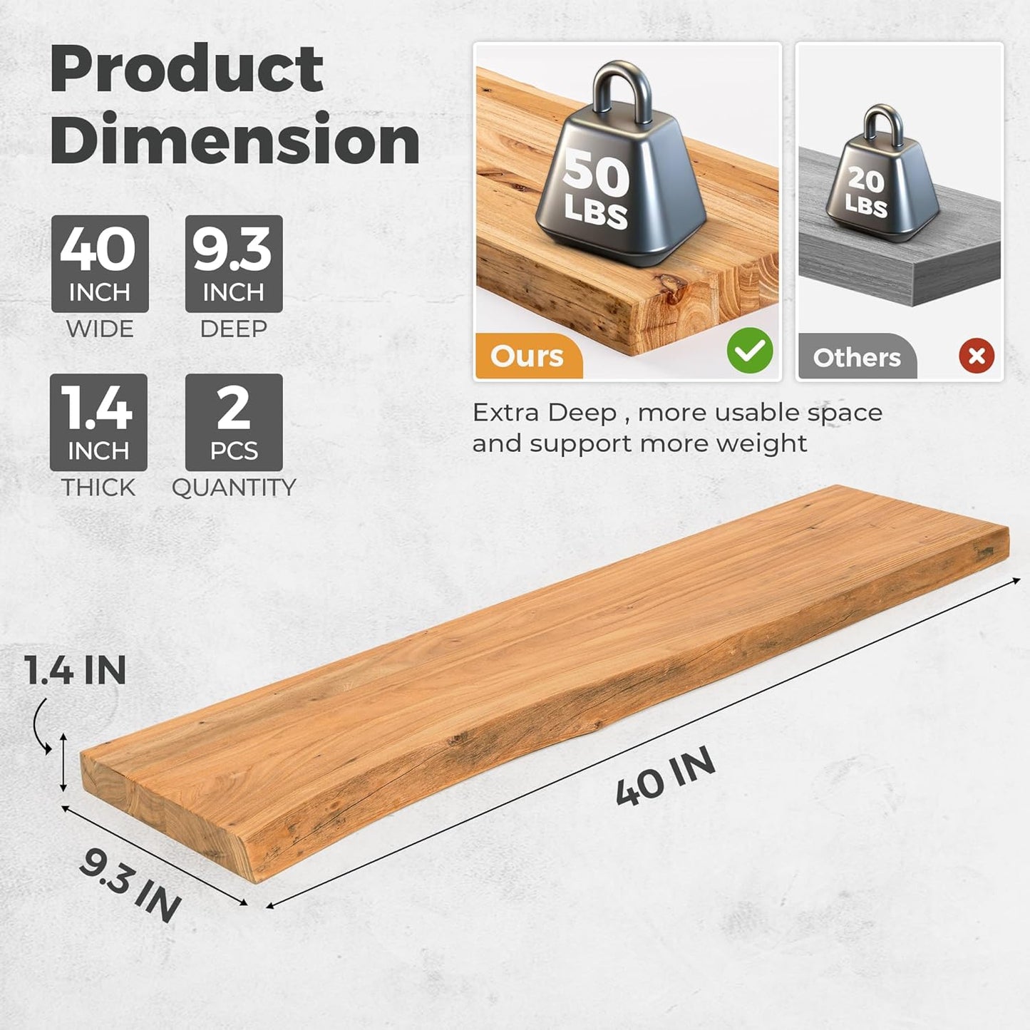RICHFOCUS Live Edge Elm Floating Shelves - 40" W x 9.3" D Rustic Solid Wood Wall Shelves with