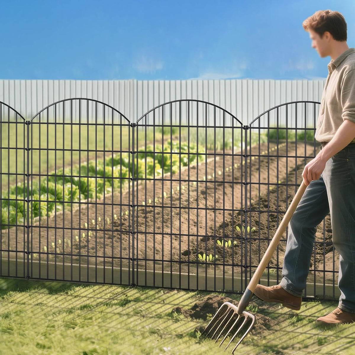 Metal Garden Fence 48in (H) x 12.7ft (L), 5 Panels + 6 Stakes Dog Fence Border Fence Animal