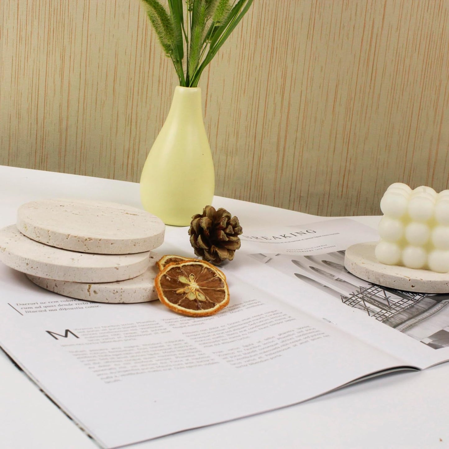 Marble Coasters – Set of 4 –Beige Travertine Bar Coasters for Drinks, Coffee –Stone Holder for Home