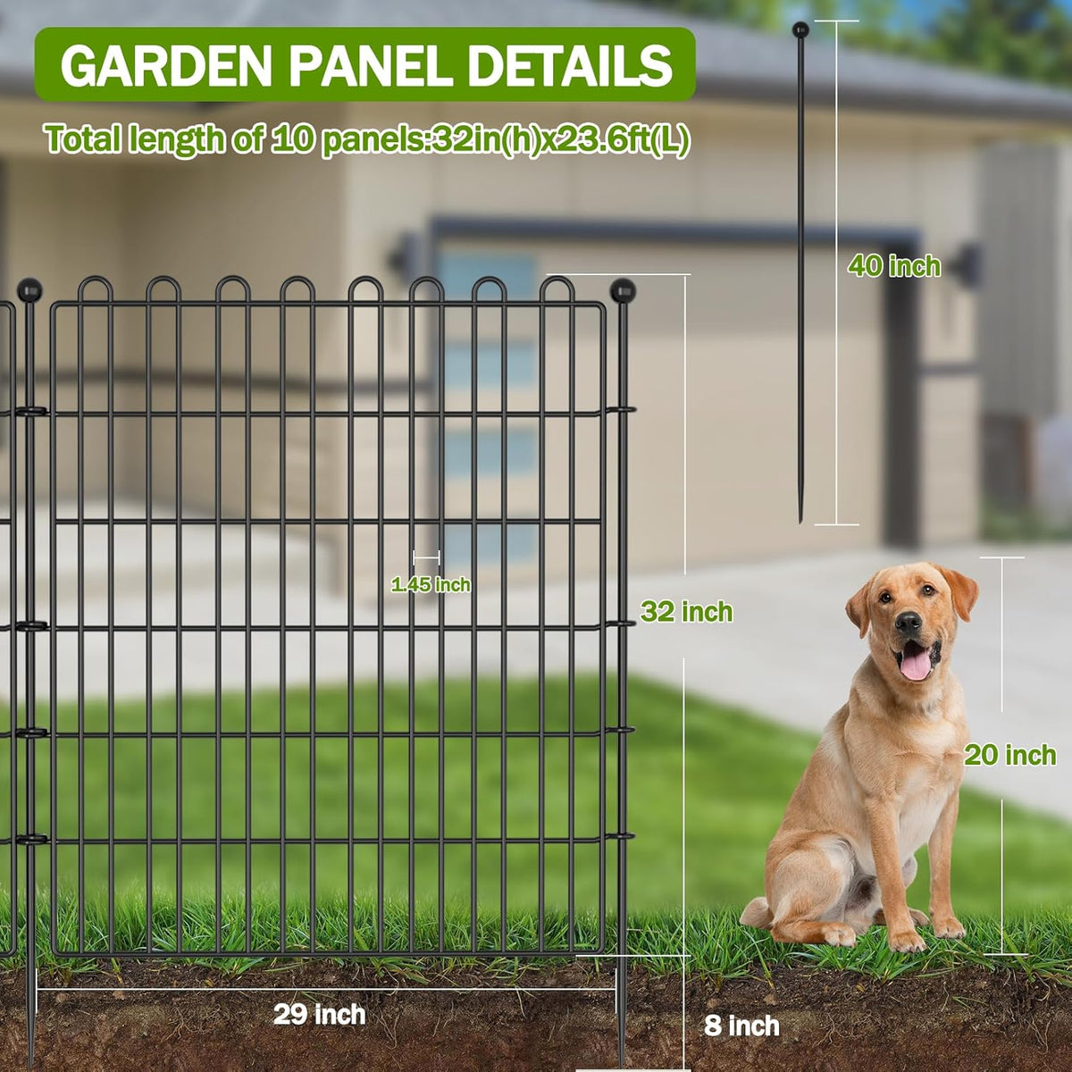 10 Panels No Dig Decorative Garden Fence with Gate for Yard, 32 in(H) X 23.6 ft(L) Animal Barrier