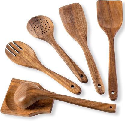 Wooden Spoons for Cooking, Nonstick Cooking Utensil Set with 5 Piece Acacia Wooden Spatulas and