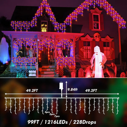 KNONEW 99FT 1216 LED Halloween Lights Decortation Orange Purple String Lights Outdoor with 228