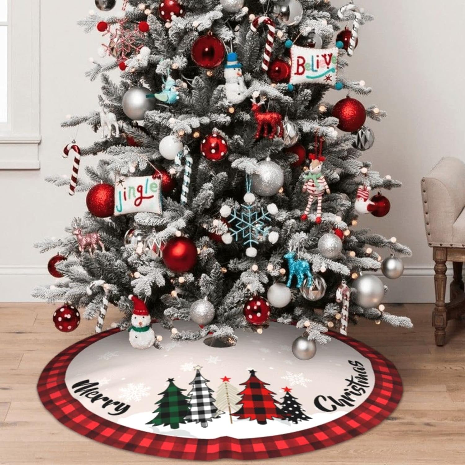 Christmas Tree Skirt 48 Inch Red Rustic Xmas Tree Skirts Mat with Snowflake Design for Merry