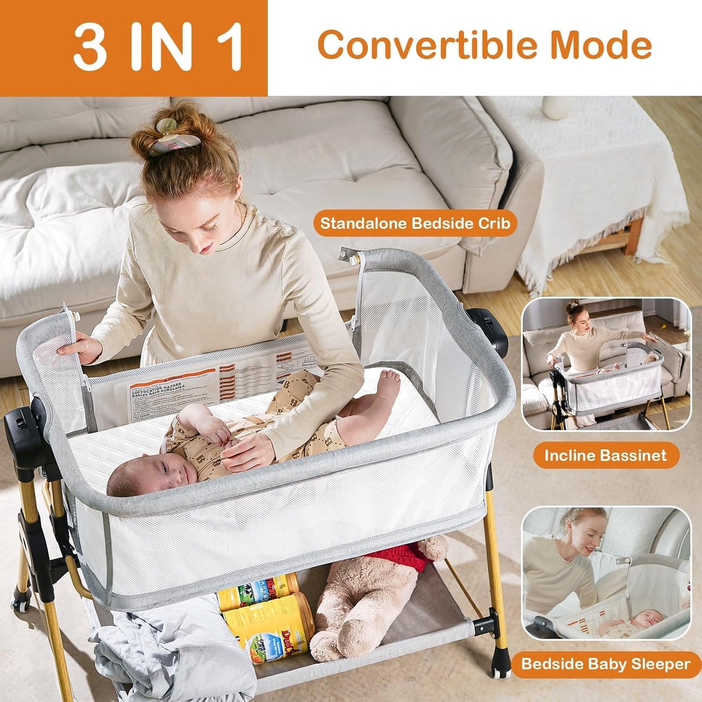 3 in 1 Baby Bassinet,Bedside/Rocking Bassinet for Baby,Bedside Crib with Lockable Wheels,Waterproof