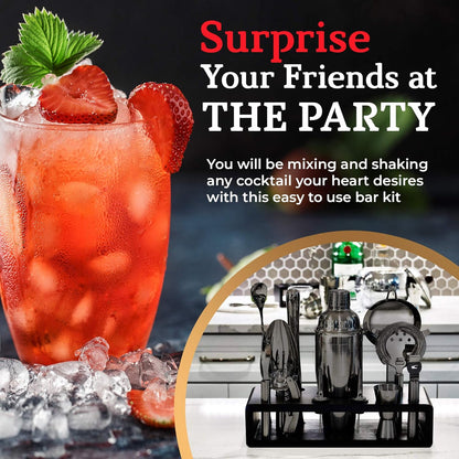 Highball & Chaser 13-Piece Cobbler Cocktail Shaker Set: Black Polished Stainless Steel Bartender