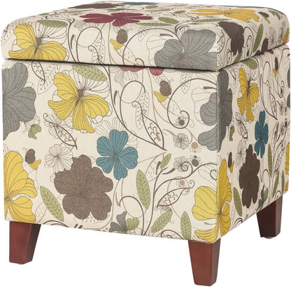 Adeco 18 Inch High Cube Ottoman Storage, Floral Printed Linen Chair Foot Stools, Upholstered Vanity