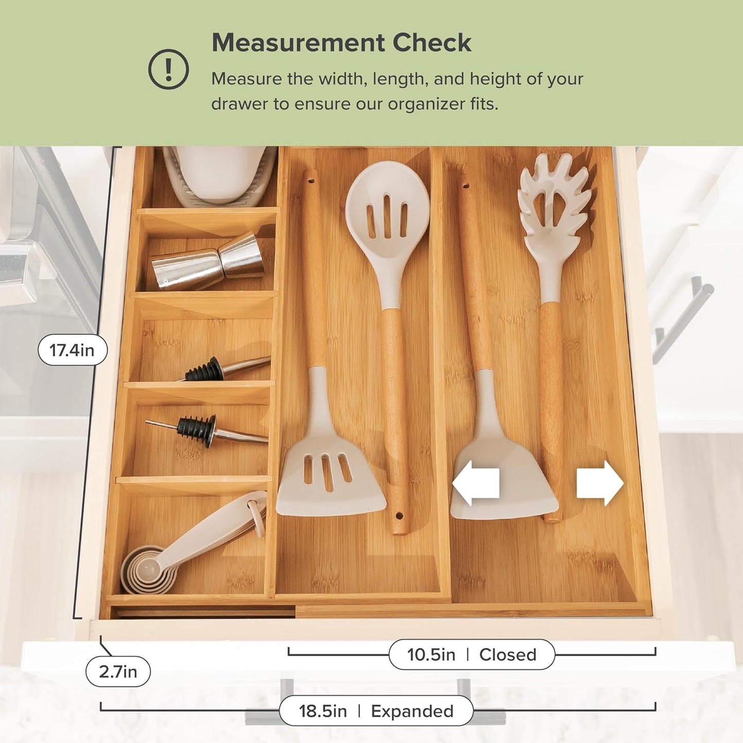 Adjustable Kitchen Drawer Organizer for Utensils and Junk, Food-Safe Contract Grade with 100%