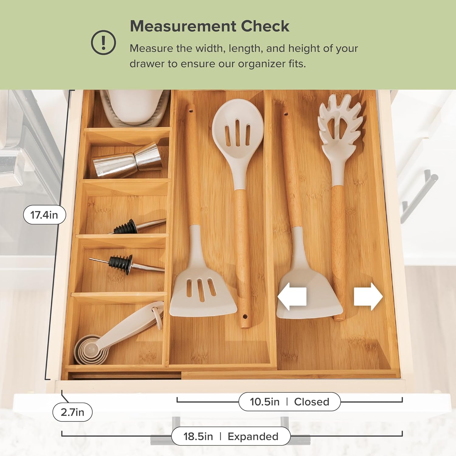 Adjustable Kitchen Drawer Organizer for Utensils and Junk, Food-Safe Contract Grade with 100%