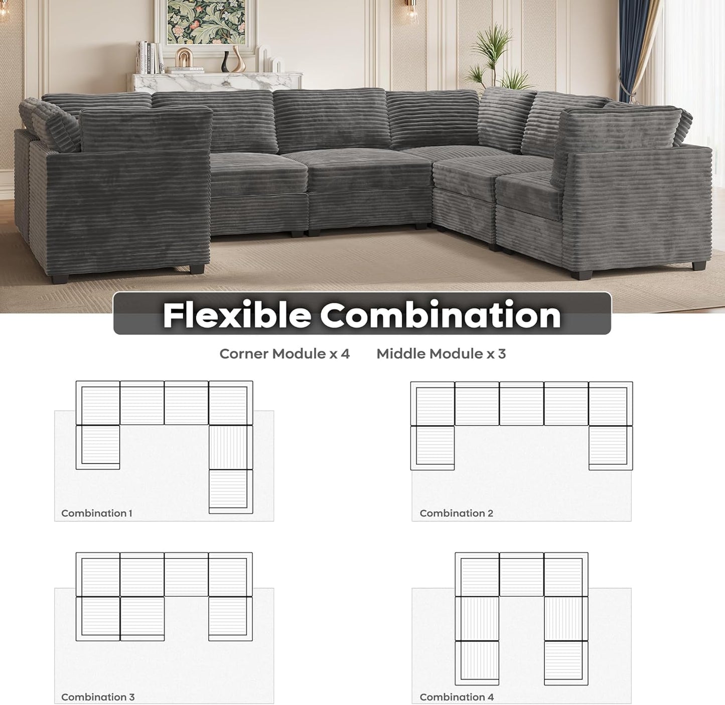 ovios Sectional Sofa Couch with U-Shape Chaise Oversized, Comfy Modular Cloud Couches with Deep