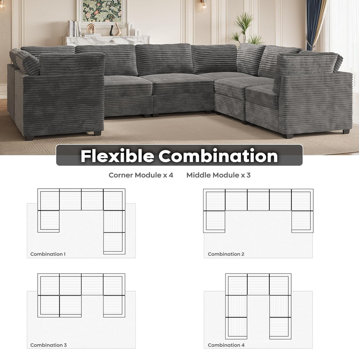 ovios Sectional Sofa Couch with U-Shape Chaise Oversized, Comfy Modular Cloud Couches with Deep