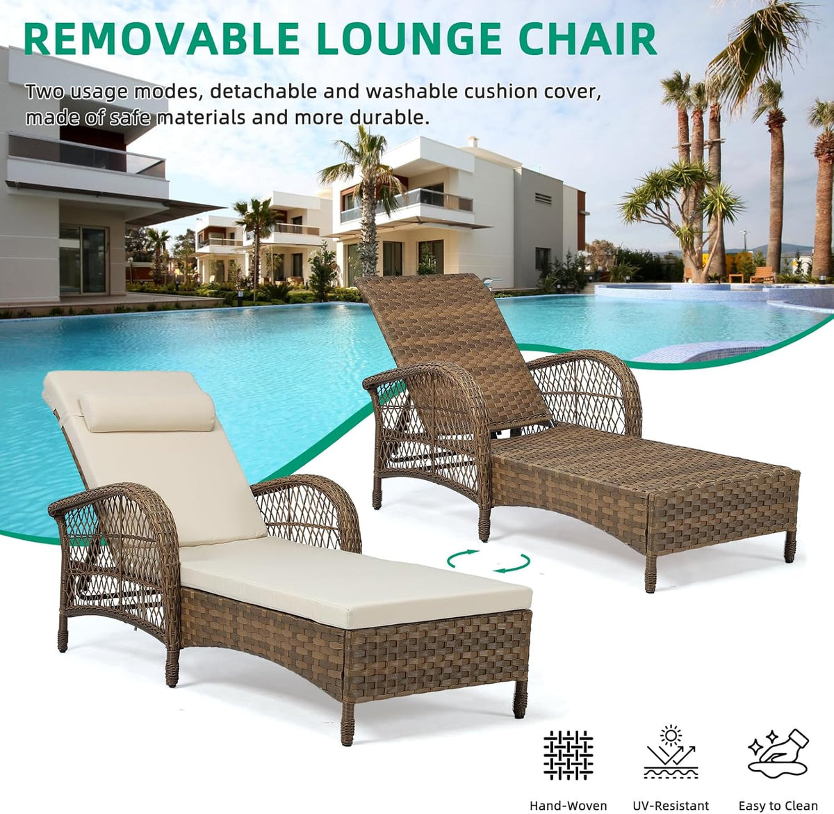VIVIJASON Outdoor Wicker Chaise Lounge Chair Set of 2, All-Weather PE Rattan Cushioned Patio