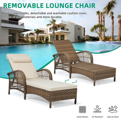 VIVIJASON Outdoor Wicker Chaise Lounge Chair, All-Weather PE Rattan Cushioned Patio Lounger Set