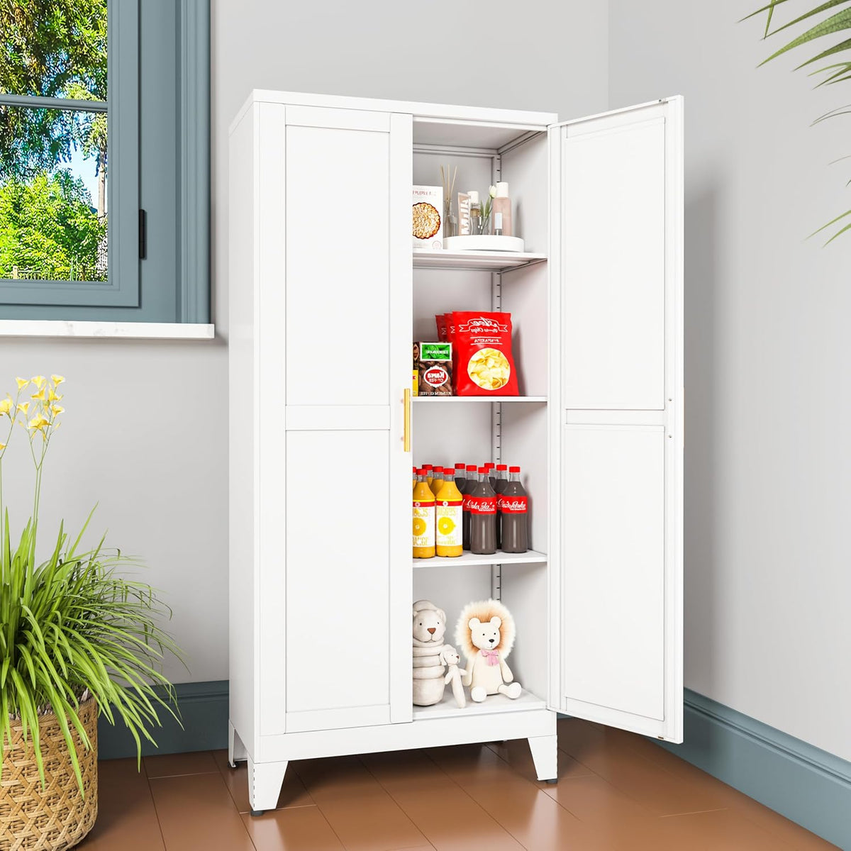 Metal Pantry Cabinet with 2 Doors and Adjustable Shelves, Kitchen Storage cabinets with Gold