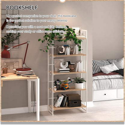 4NM No Assembly 5 Tiers Folding Bookshelf, 59.4" H Foldable Storage Shelves Vintage Bookcase
