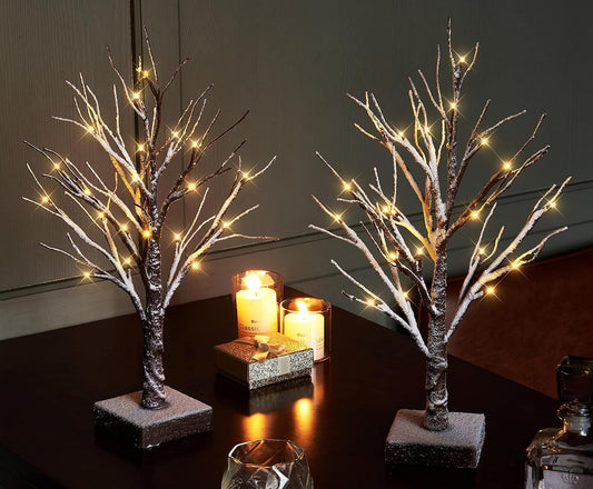 Hairui Pre Lit Tabletop Snow Dusted Tree with Timer 24LED 18IN Battery Operated for Christmas