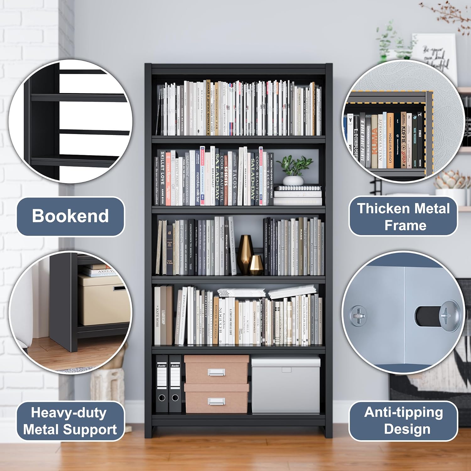 Bookshelf, 5 Shelf Bookcases, Tall Bookcase for Heavy Books, CDs, Movies, Garage Kit, Modern