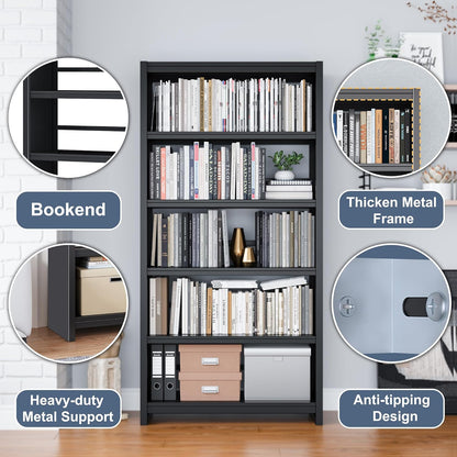 Bookshelf, 5 Shelf Bookcases, Tall Bookcase for Heavy Books, CDs, Movies, Garage Kit, Modern