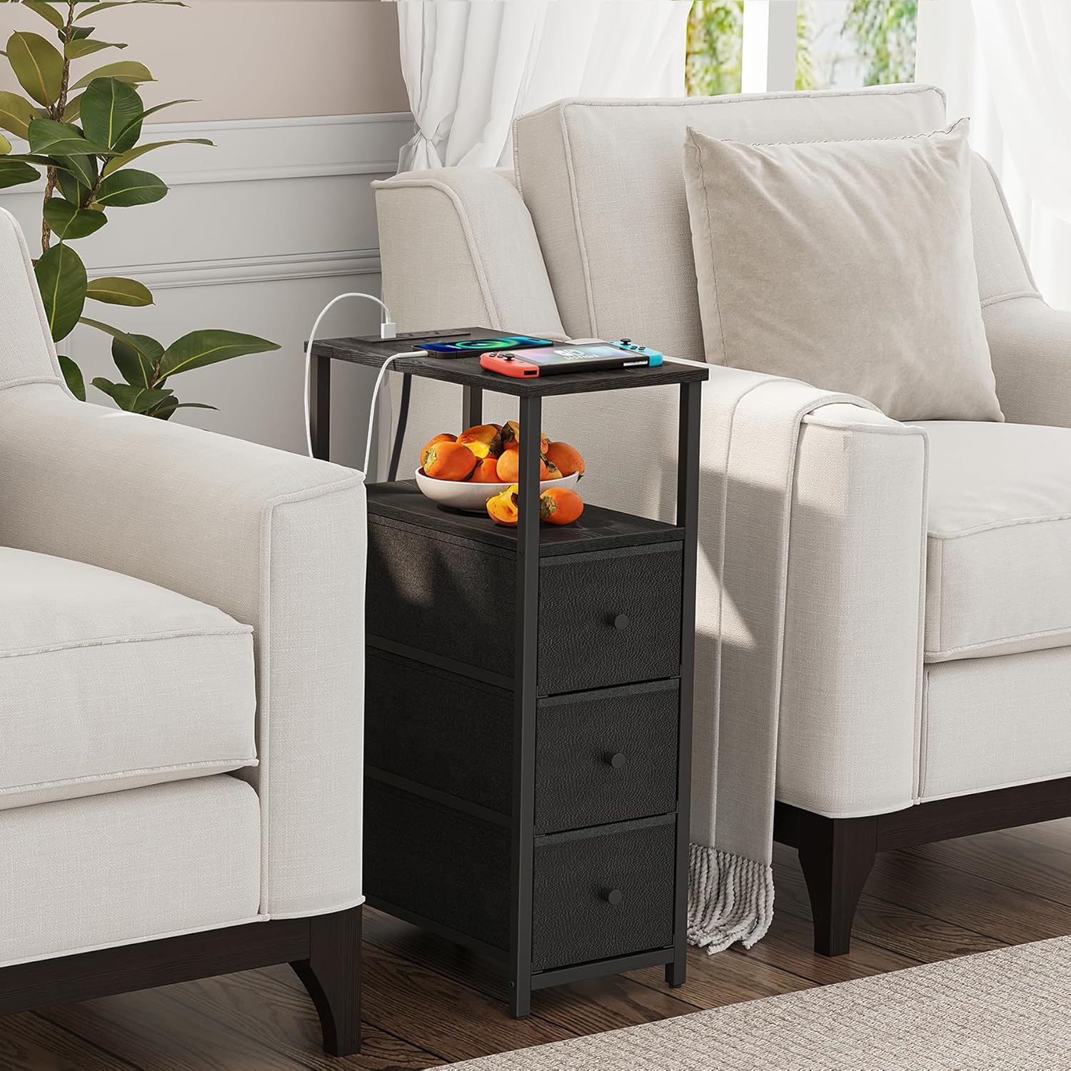 TUTOTAK Narrow Night Stand with Charging Station, Slim End Table with Plugins, Tall Side Table with