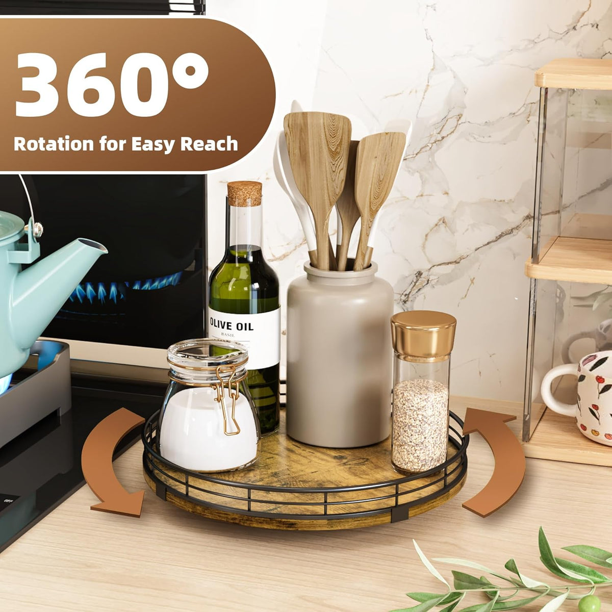 Lazy Susan Turntable Organizer for Table Top, 10’’ Round Wooden Lazy Susan for Cabinet Kitchen