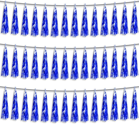 3P Blue Foil Fringe Metallic Tassel Streamers Banner Tassel Garland for Parade Floats