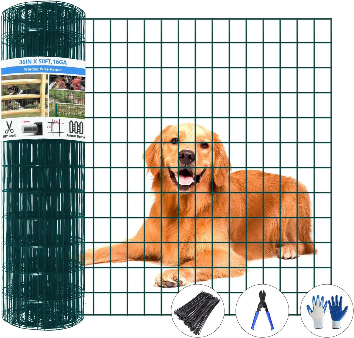 Welded Wire Fence, 50ft(L) x 36inch(H) PVC Coated Wire Fencing for Dog, 2 Inch x 3 Inch 16GA