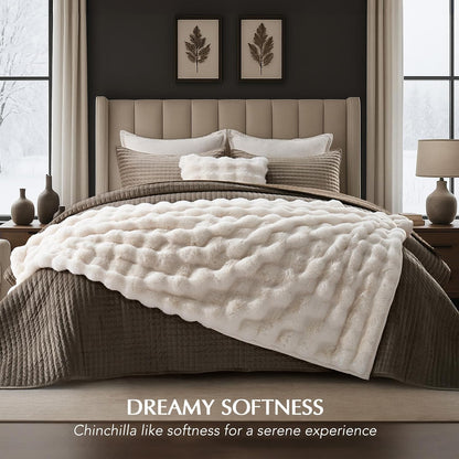 EVERGRACE Ultra Soft Luxury Fluffy Ridgeline Faux Rabbit Fur Throw Blanket, Thick Warm Bubble Throw